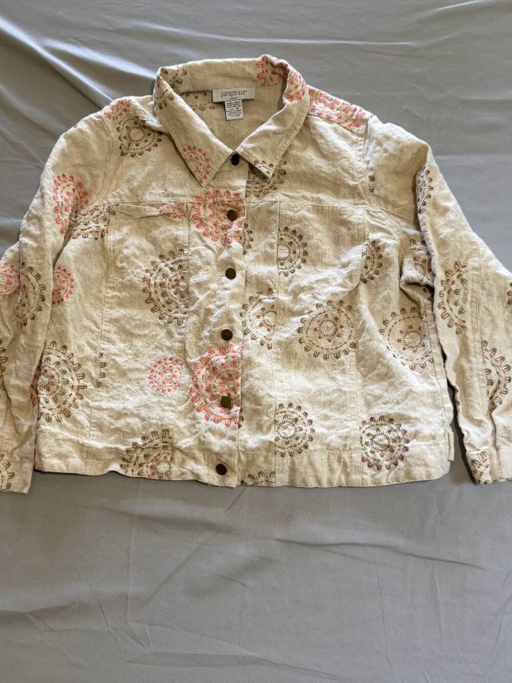 Paraphase Women's 100% Linen Embroidered Cropped Boho Jacket 1X Earth Tones